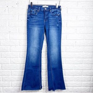 KANCAN Mid Rise Distressed Flare Stretch Jeans Raw Hem